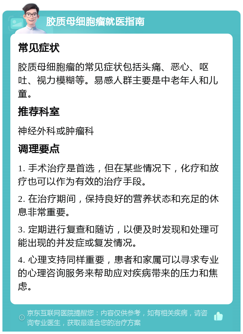 胶质母细胞瘤就医指南 常见症状 胶质母细胞瘤的常见症状包括头痛、恶心、呕吐、视力模糊等。易感人群主要是中老年人和儿童。 推荐科室 神经外科或肿瘤科 调理要点 1. 手术治疗是首选，但在某些情况下，化疗和放疗也可以作为有效的治疗手段。 2. 在治疗期间，保持良好的营养状态和充足的休息非常重要。 3. 定期进行复查和随访，以便及时发现和处理可能出现的并发症或复发情况。 4. 心理支持同样重要，患者和家属可以寻求专业的心理咨询服务来帮助应对疾病带来的压力和焦虑。