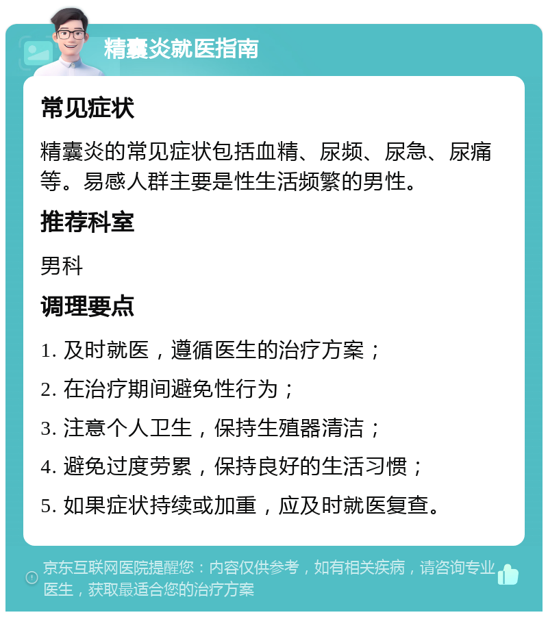 精囊炎就医指南 常见症状 精囊炎的常见症状包括血精、尿频、尿急、尿痛等。易感人群主要是性生活频繁的男性。 推荐科室 男科 调理要点 1. 及时就医，遵循医生的治疗方案； 2. 在治疗期间避免性行为； 3. 注意个人卫生，保持生殖器清洁； 4. 避免过度劳累，保持良好的生活习惯； 5. 如果症状持续或加重，应及时就医复查。