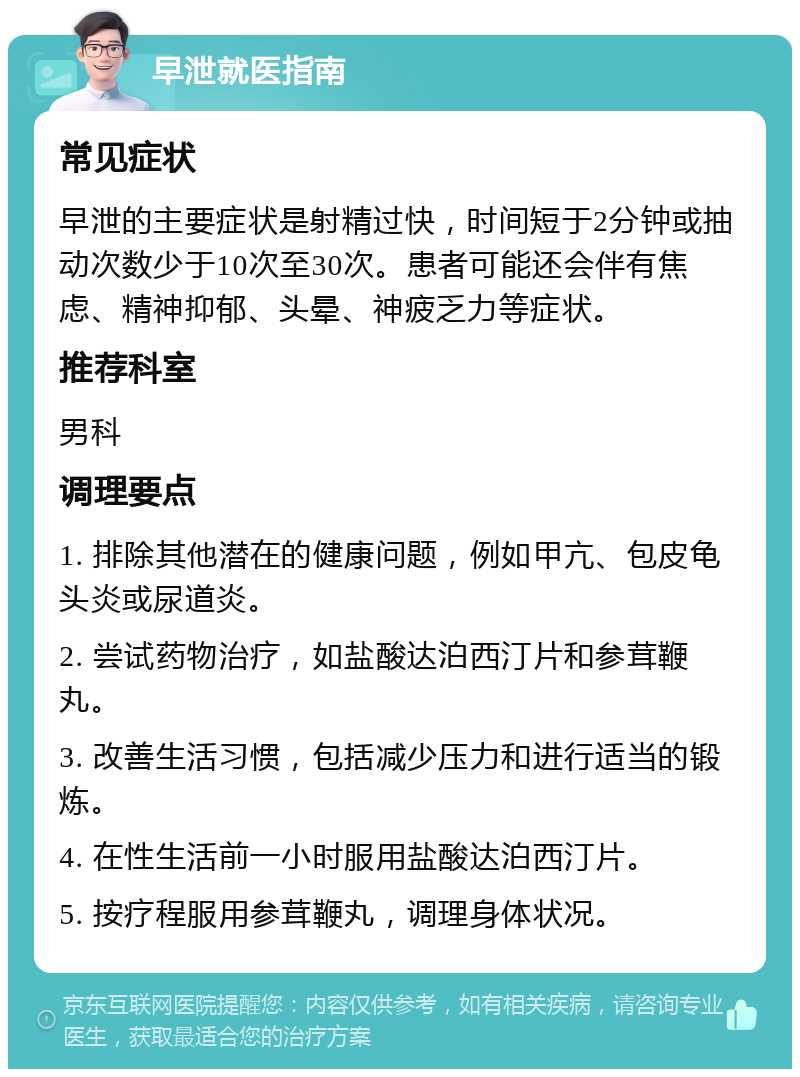 早泄就医指南 常见症状 早泄的主要症状是射精过快，时间短于2分钟或抽动次数少于10次至30次。患者可能还会伴有焦虑、精神抑郁、头晕、神疲乏力等症状。 推荐科室 男科 调理要点 1. 排除其他潜在的健康问题，例如甲亢、包皮龟头炎或尿道炎。 2. 尝试药物治疗，如盐酸达泊西汀片和参茸鞭丸。 3. 改善生活习惯，包括减少压力和进行适当的锻炼。 4. 在性生活前一小时服用盐酸达泊西汀片。 5. 按疗程服用参茸鞭丸，调理身体状况。