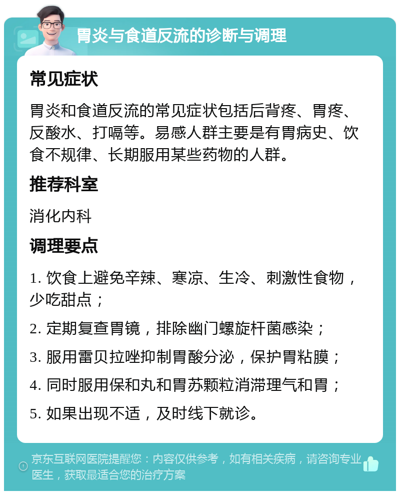 胃炎与食道反流的诊断与调理 常见症状 胃炎和食道反流的常见症状包括后背疼、胃疼、反酸水、打嗝等。易感人群主要是有胃病史、饮食不规律、长期服用某些药物的人群。 推荐科室 消化内科 调理要点 1. 饮食上避免辛辣、寒凉、生冷、刺激性食物，少吃甜点； 2. 定期复查胃镜，排除幽门螺旋杆菌感染； 3. 服用雷贝拉唑抑制胃酸分泌，保护胃粘膜； 4. 同时服用保和丸和胃苏颗粒消滞理气和胃； 5. 如果出现不适，及时线下就诊。