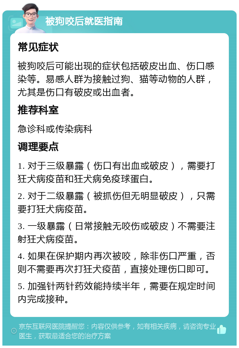 被狗咬后就医指南 常见症状 被狗咬后可能出现的症状包括破皮出血、伤口感染等。易感人群为接触过狗、猫等动物的人群，尤其是伤口有破皮或出血者。 推荐科室 急诊科或传染病科 调理要点 1. 对于三级暴露（伤口有出血或破皮），需要打狂犬病疫苗和狂犬病免疫球蛋白。 2. 对于二级暴露（被抓伤但无明显破皮），只需要打狂犬病疫苗。 3. 一级暴露（日常接触无咬伤或破皮）不需要注射狂犬病疫苗。 4. 如果在保护期内再次被咬，除非伤口严重，否则不需要再次打狂犬疫苗，直接处理伤口即可。 5. 加强针两针药效能持续半年，需要在规定时间内完成接种。