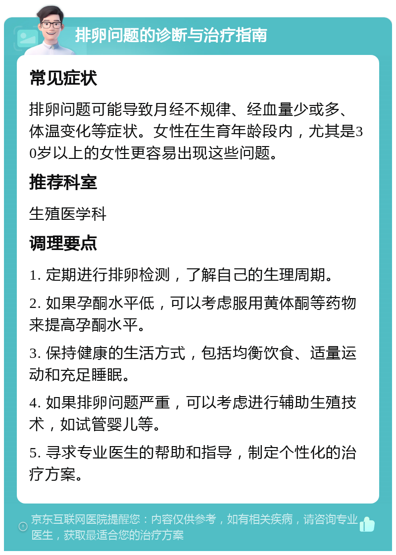 排卵问题的诊断与治疗指南 常见症状 排卵问题可能导致月经不规律、经血量少或多、体温变化等症状。女性在生育年龄段内，尤其是30岁以上的女性更容易出现这些问题。 推荐科室 生殖医学科 调理要点 1. 定期进行排卵检测，了解自己的生理周期。 2. 如果孕酮水平低，可以考虑服用黄体酮等药物来提高孕酮水平。 3. 保持健康的生活方式，包括均衡饮食、适量运动和充足睡眠。 4. 如果排卵问题严重，可以考虑进行辅助生殖技术，如试管婴儿等。 5. 寻求专业医生的帮助和指导，制定个性化的治疗方案。