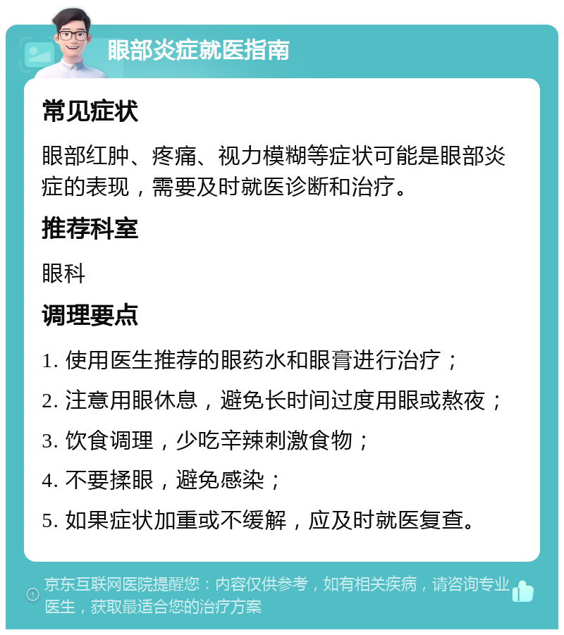 眼部炎症就医指南 常见症状 眼部红肿、疼痛、视力模糊等症状可能是眼部炎症的表现，需要及时就医诊断和治疗。 推荐科室 眼科 调理要点 1. 使用医生推荐的眼药水和眼膏进行治疗； 2. 注意用眼休息，避免长时间过度用眼或熬夜； 3. 饮食调理，少吃辛辣刺激食物； 4. 不要揉眼，避免感染； 5. 如果症状加重或不缓解，应及时就医复查。