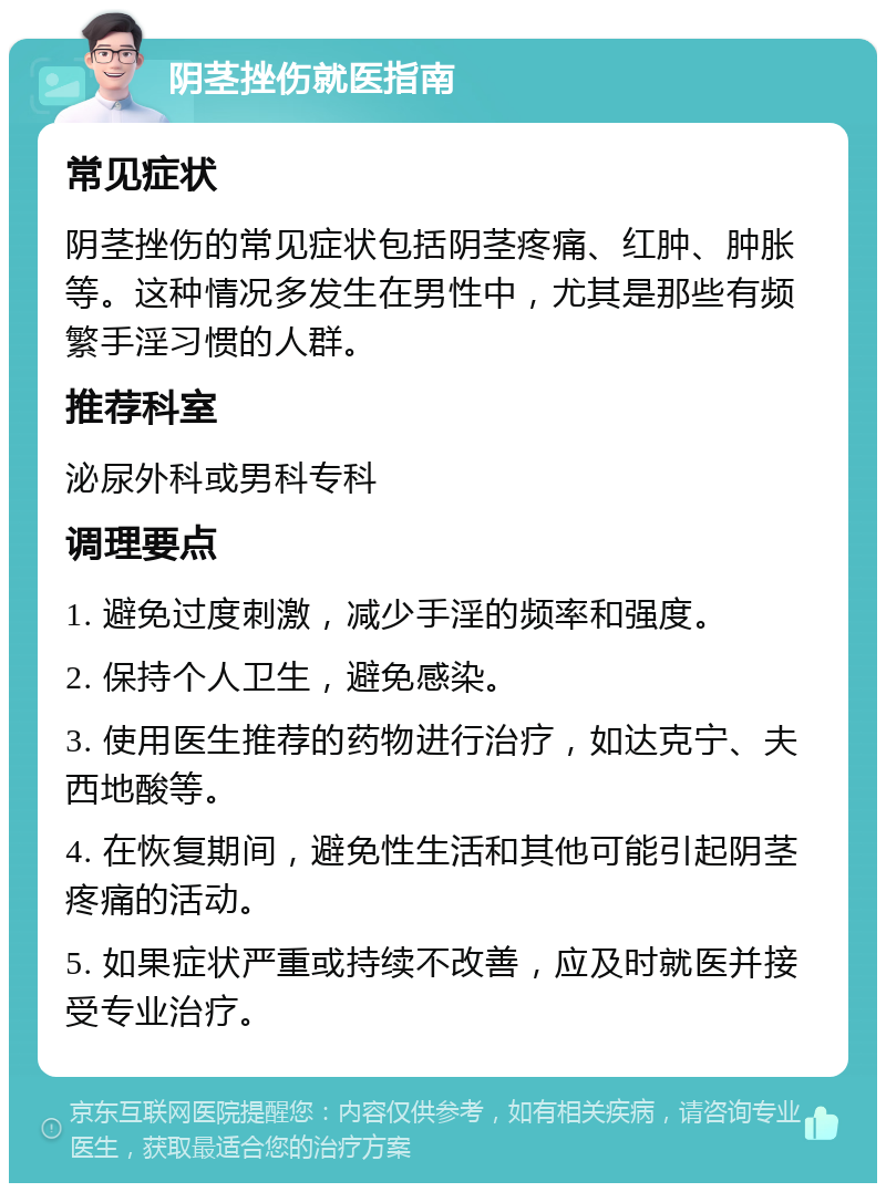 阴茎挫伤就医指南 常见症状 阴茎挫伤的常见症状包括阴茎疼痛、红肿、肿胀等。这种情况多发生在男性中，尤其是那些有频繁手淫习惯的人群。 推荐科室 泌尿外科或男科专科 调理要点 1. 避免过度刺激，减少手淫的频率和强度。 2. 保持个人卫生，避免感染。 3. 使用医生推荐的药物进行治疗，如达克宁、夫西地酸等。 4. 在恢复期间，避免性生活和其他可能引起阴茎疼痛的活动。 5. 如果症状严重或持续不改善，应及时就医并接受专业治疗。