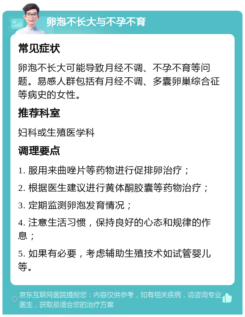 卵泡不长大与不孕不育 常见症状 卵泡不长大可能导致月经不调、不孕不育等问题。易感人群包括有月经不调、多囊卵巢综合征等病史的女性。 推荐科室 妇科或生殖医学科 调理要点 1. 服用来曲唑片等药物进行促排卵治疗； 2. 根据医生建议进行黄体酮胶囊等药物治疗； 3. 定期监测卵泡发育情况； 4. 注意生活习惯，保持良好的心态和规律的作息； 5. 如果有必要，考虑辅助生殖技术如试管婴儿等。