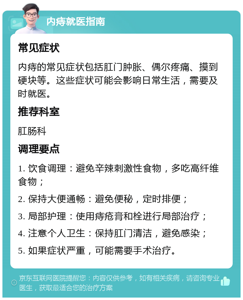 内痔就医指南 常见症状 内痔的常见症状包括肛门肿胀、偶尔疼痛、摸到硬块等。这些症状可能会影响日常生活，需要及时就医。 推荐科室 肛肠科 调理要点 1. 饮食调理：避免辛辣刺激性食物，多吃高纤维食物； 2. 保持大便通畅：避免便秘，定时排便； 3. 局部护理：使用痔疮膏和栓进行局部治疗； 4. 注意个人卫生：保持肛门清洁，避免感染； 5. 如果症状严重，可能需要手术治疗。