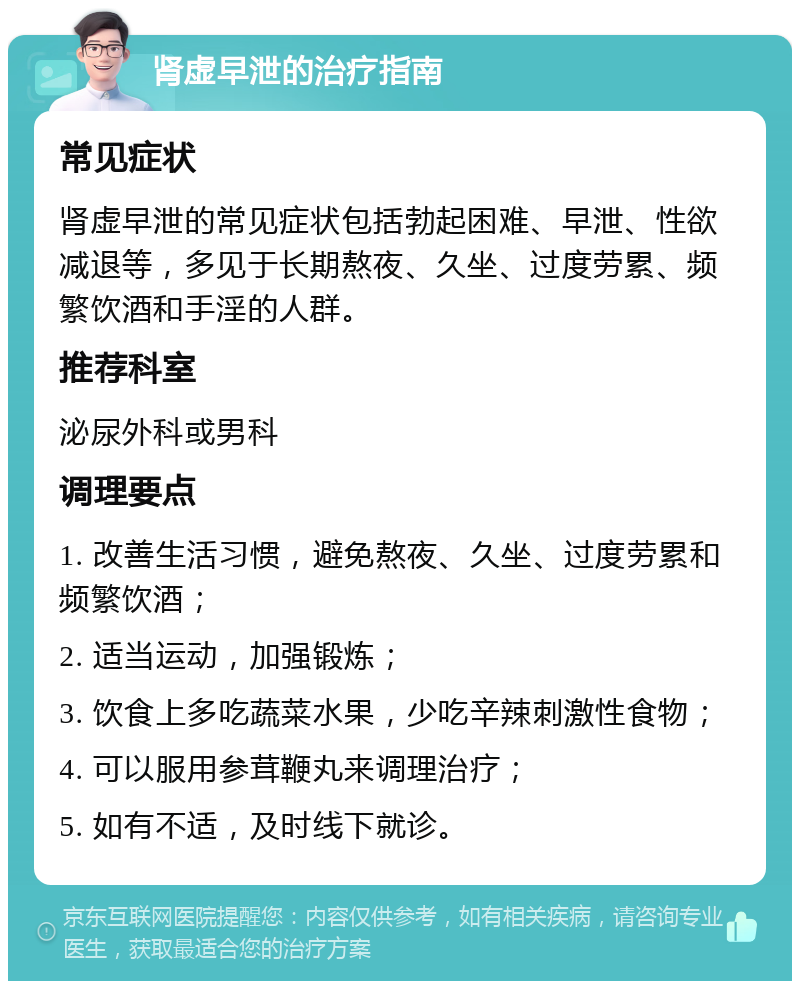 肾虚早泄的治疗指南 常见症状 肾虚早泄的常见症状包括勃起困难、早泄、性欲减退等，多见于长期熬夜、久坐、过度劳累、频繁饮酒和手淫的人群。 推荐科室 泌尿外科或男科 调理要点 1. 改善生活习惯，避免熬夜、久坐、过度劳累和频繁饮酒； 2. 适当运动，加强锻炼； 3. 饮食上多吃蔬菜水果，少吃辛辣刺激性食物； 4. 可以服用参茸鞭丸来调理治疗； 5. 如有不适，及时线下就诊。