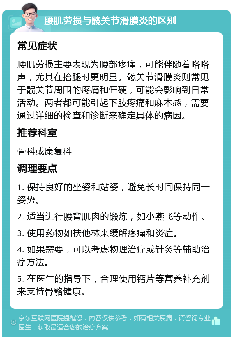 腰肌劳损与髋关节滑膜炎的区别 常见症状 腰肌劳损主要表现为腰部疼痛，可能伴随着咯咯声，尤其在抬腿时更明显。髋关节滑膜炎则常见于髋关节周围的疼痛和僵硬，可能会影响到日常活动。两者都可能引起下肢疼痛和麻木感，需要通过详细的检查和诊断来确定具体的病因。 推荐科室 骨科或康复科 调理要点 1. 保持良好的坐姿和站姿，避免长时间保持同一姿势。 2. 适当进行腰背肌肉的锻炼，如小燕飞等动作。 3. 使用药物如扶他林来缓解疼痛和炎症。 4. 如果需要，可以考虑物理治疗或针灸等辅助治疗方法。 5. 在医生的指导下，合理使用钙片等营养补充剂来支持骨骼健康。