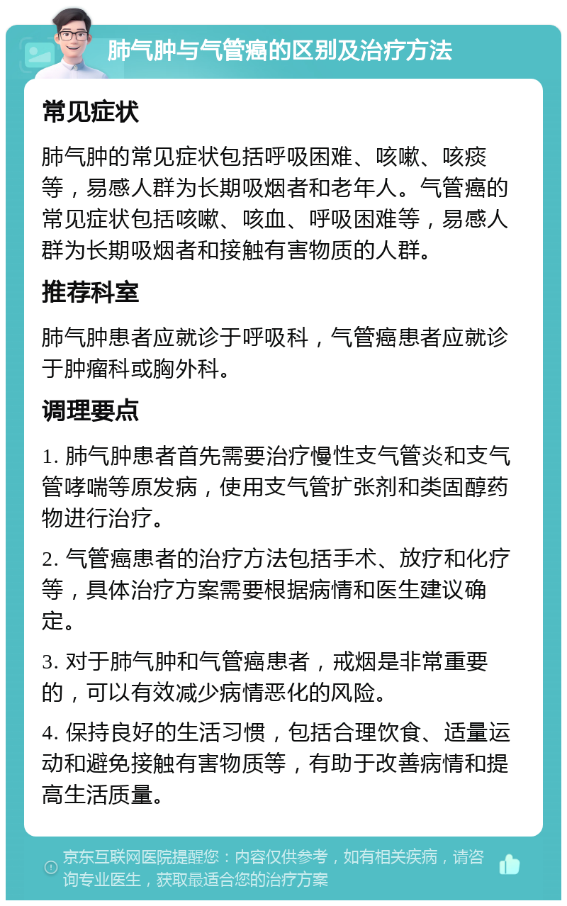 肺气肿与气管癌的区别及治疗方法 常见症状 肺气肿的常见症状包括呼吸困难、咳嗽、咳痰等，易感人群为长期吸烟者和老年人。气管癌的常见症状包括咳嗽、咳血、呼吸困难等，易感人群为长期吸烟者和接触有害物质的人群。 推荐科室 肺气肿患者应就诊于呼吸科，气管癌患者应就诊于肿瘤科或胸外科。 调理要点 1. 肺气肿患者首先需要治疗慢性支气管炎和支气管哮喘等原发病，使用支气管扩张剂和类固醇药物进行治疗。 2. 气管癌患者的治疗方法包括手术、放疗和化疗等，具体治疗方案需要根据病情和医生建议确定。 3. 对于肺气肿和气管癌患者，戒烟是非常重要的，可以有效减少病情恶化的风险。 4. 保持良好的生活习惯，包括合理饮食、适量运动和避免接触有害物质等，有助于改善病情和提高生活质量。