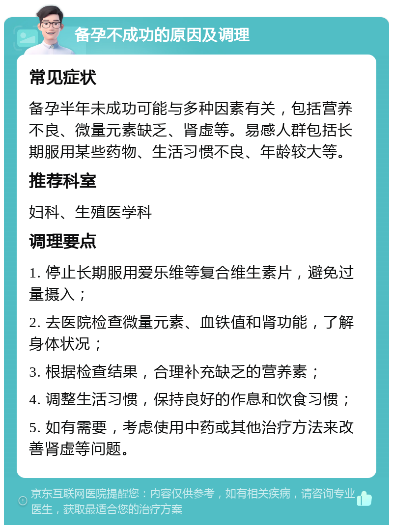 备孕不成功的原因及调理 常见症状 备孕半年未成功可能与多种因素有关，包括营养不良、微量元素缺乏、肾虚等。易感人群包括长期服用某些药物、生活习惯不良、年龄较大等。 推荐科室 妇科、生殖医学科 调理要点 1. 停止长期服用爱乐维等复合维生素片，避免过量摄入； 2. 去医院检查微量元素、血铁值和肾功能，了解身体状况； 3. 根据检查结果，合理补充缺乏的营养素； 4. 调整生活习惯，保持良好的作息和饮食习惯； 5. 如有需要，考虑使用中药或其他治疗方法来改善肾虚等问题。