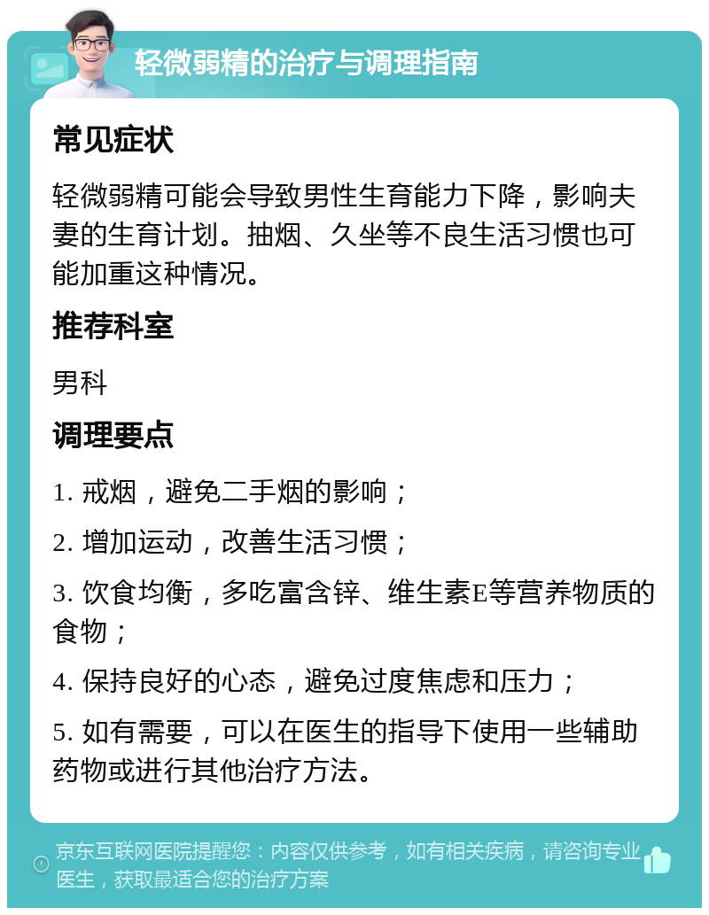 轻微弱精的治疗与调理指南 常见症状 轻微弱精可能会导致男性生育能力下降，影响夫妻的生育计划。抽烟、久坐等不良生活习惯也可能加重这种情况。 推荐科室 男科 调理要点 1. 戒烟，避免二手烟的影响； 2. 增加运动，改善生活习惯； 3. 饮食均衡，多吃富含锌、维生素E等营养物质的食物； 4. 保持良好的心态，避免过度焦虑和压力； 5. 如有需要，可以在医生的指导下使用一些辅助药物或进行其他治疗方法。