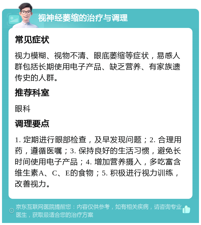 视神经萎缩的治疗与调理 常见症状 视力模糊、视物不清、眼底萎缩等症状，易感人群包括长期使用电子产品、缺乏营养、有家族遗传史的人群。 推荐科室 眼科 调理要点 1. 定期进行眼部检查，及早发现问题；2. 合理用药，遵循医嘱；3. 保持良好的生活习惯，避免长时间使用电子产品；4. 增加营养摄入，多吃富含维生素A、C、E的食物；5. 积极进行视力训练，改善视力。