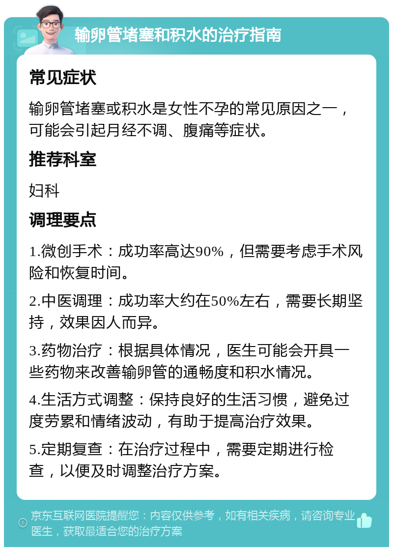 输卵管堵塞和积水的治疗指南 常见症状 输卵管堵塞或积水是女性不孕的常见原因之一，可能会引起月经不调、腹痛等症状。 推荐科室 妇科 调理要点 1.微创手术：成功率高达90%，但需要考虑手术风险和恢复时间。 2.中医调理：成功率大约在50%左右，需要长期坚持，效果因人而异。 3.药物治疗：根据具体情况，医生可能会开具一些药物来改善输卵管的通畅度和积水情况。 4.生活方式调整：保持良好的生活习惯，避免过度劳累和情绪波动，有助于提高治疗效果。 5.定期复查：在治疗过程中，需要定期进行检查，以便及时调整治疗方案。