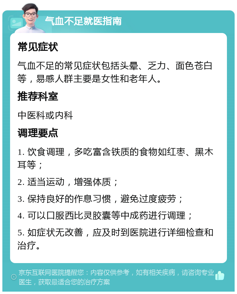 气血不足就医指南 常见症状 气血不足的常见症状包括头晕、乏力、面色苍白等，易感人群主要是女性和老年人。 推荐科室 中医科或内科 调理要点 1. 饮食调理，多吃富含铁质的食物如红枣、黑木耳等； 2. 适当运动，增强体质； 3. 保持良好的作息习惯，避免过度疲劳； 4. 可以口服西比灵胶囊等中成药进行调理； 5. 如症状无改善，应及时到医院进行详细检查和治疗。