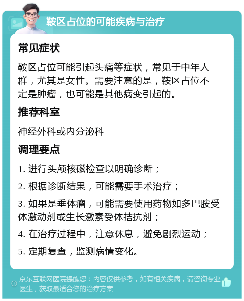 鞍区占位的可能疾病与治疗 常见症状 鞍区占位可能引起头痛等症状，常见于中年人群，尤其是女性。需要注意的是，鞍区占位不一定是肿瘤，也可能是其他病变引起的。 推荐科室 神经外科或内分泌科 调理要点 1. 进行头颅核磁检查以明确诊断； 2. 根据诊断结果，可能需要手术治疗； 3. 如果是垂体瘤，可能需要使用药物如多巴胺受体激动剂或生长激素受体拮抗剂； 4. 在治疗过程中，注意休息，避免剧烈运动； 5. 定期复查，监测病情变化。