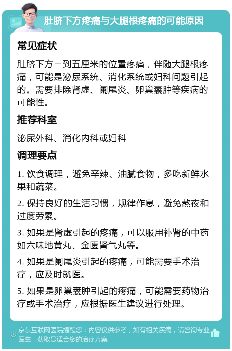 肚脐下方疼痛与大腿根疼痛的可能原因 常见症状 肚脐下方三到五厘米的位置疼痛，伴随大腿根疼痛，可能是泌尿系统、消化系统或妇科问题引起的。需要排除肾虚、阑尾炎、卵巢囊肿等疾病的可能性。 推荐科室 泌尿外科、消化内科或妇科 调理要点 1. 饮食调理，避免辛辣、油腻食物，多吃新鲜水果和蔬菜。 2. 保持良好的生活习惯，规律作息，避免熬夜和过度劳累。 3. 如果是肾虚引起的疼痛，可以服用补肾的中药如六味地黄丸、金匮肾气丸等。 4. 如果是阑尾炎引起的疼痛，可能需要手术治疗，应及时就医。 5. 如果是卵巢囊肿引起的疼痛，可能需要药物治疗或手术治疗，应根据医生建议进行处理。