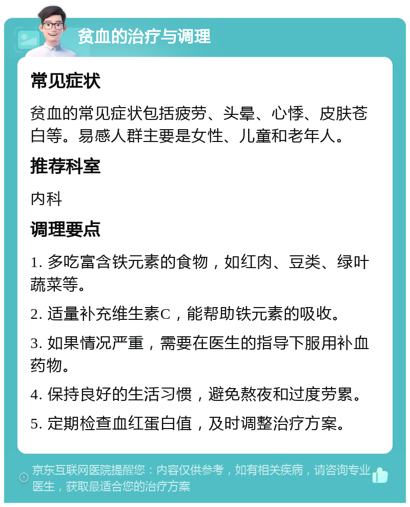 贫血的治疗与调理 常见症状 贫血的常见症状包括疲劳、头晕、心悸、皮肤苍白等。易感人群主要是女性、儿童和老年人。 推荐科室 内科 调理要点 1. 多吃富含铁元素的食物，如红肉、豆类、绿叶蔬菜等。 2. 适量补充维生素C，能帮助铁元素的吸收。 3. 如果情况严重，需要在医生的指导下服用补血药物。 4. 保持良好的生活习惯，避免熬夜和过度劳累。 5. 定期检查血红蛋白值，及时调整治疗方案。