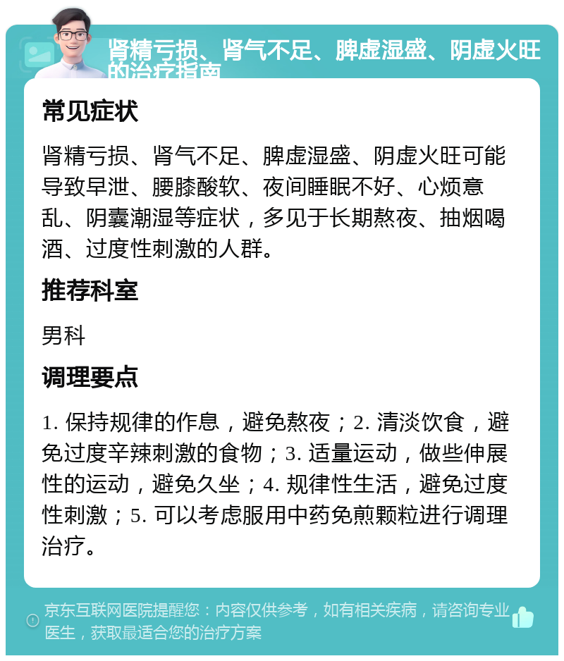 肾精亏损、肾气不足、脾虚湿盛、阴虚火旺的治疗指南 常见症状 肾精亏损、肾气不足、脾虚湿盛、阴虚火旺可能导致早泄、腰膝酸软、夜间睡眠不好、心烦意乱、阴囊潮湿等症状，多见于长期熬夜、抽烟喝酒、过度性刺激的人群。 推荐科室 男科 调理要点 1. 保持规律的作息，避免熬夜；2. 清淡饮食，避免过度辛辣刺激的食物；3. 适量运动，做些伸展性的运动，避免久坐；4. 规律性生活，避免过度性刺激；5. 可以考虑服用中药免煎颗粒进行调理治疗。