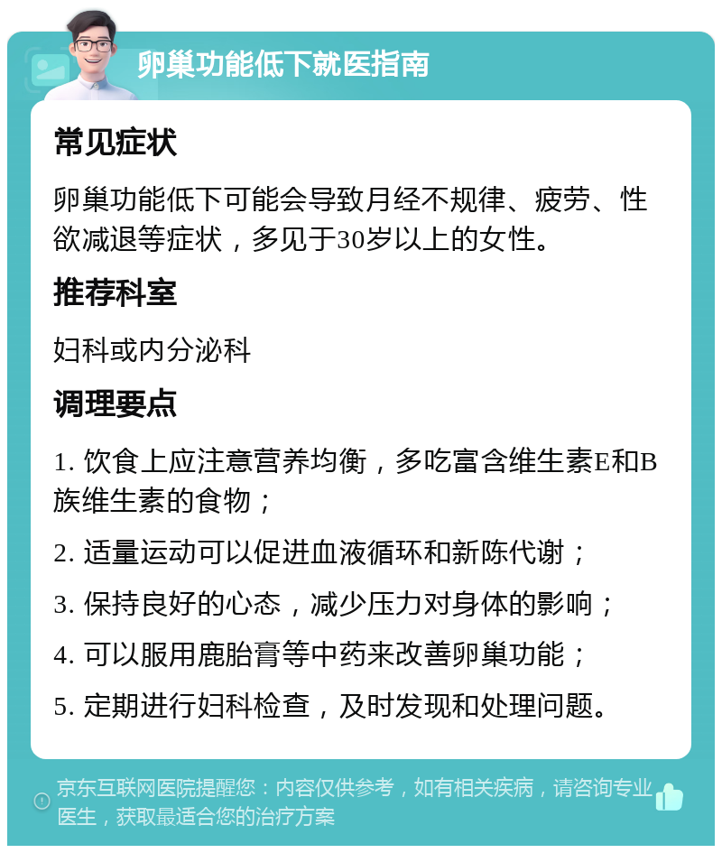 卵巢功能低下就医指南 常见症状 卵巢功能低下可能会导致月经不规律、疲劳、性欲减退等症状，多见于30岁以上的女性。 推荐科室 妇科或内分泌科 调理要点 1. 饮食上应注意营养均衡，多吃富含维生素E和B族维生素的食物； 2. 适量运动可以促进血液循环和新陈代谢； 3. 保持良好的心态，减少压力对身体的影响； 4. 可以服用鹿胎膏等中药来改善卵巢功能； 5. 定期进行妇科检查，及时发现和处理问题。