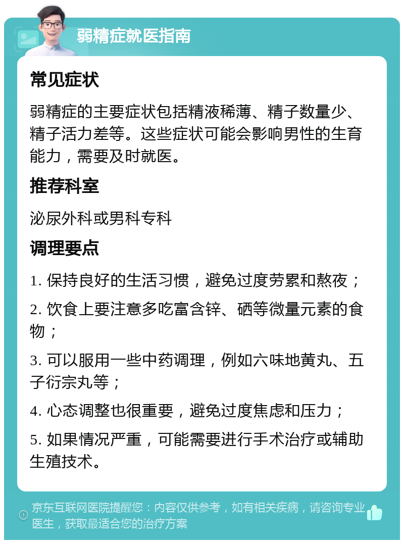 弱精症就医指南 常见症状 弱精症的主要症状包括精液稀薄、精子数量少、精子活力差等。这些症状可能会影响男性的生育能力，需要及时就医。 推荐科室 泌尿外科或男科专科 调理要点 1. 保持良好的生活习惯，避免过度劳累和熬夜； 2. 饮食上要注意多吃富含锌、硒等微量元素的食物； 3. 可以服用一些中药调理，例如六味地黄丸、五子衍宗丸等； 4. 心态调整也很重要，避免过度焦虑和压力； 5. 如果情况严重，可能需要进行手术治疗或辅助生殖技术。