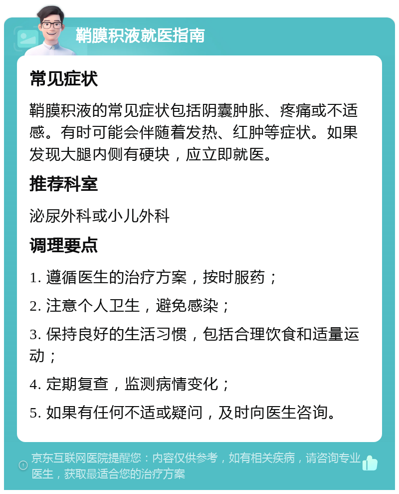 鞘膜积液就医指南 常见症状 鞘膜积液的常见症状包括阴囊肿胀、疼痛或不适感。有时可能会伴随着发热、红肿等症状。如果发现大腿内侧有硬块，应立即就医。 推荐科室 泌尿外科或小儿外科 调理要点 1. 遵循医生的治疗方案，按时服药； 2. 注意个人卫生，避免感染； 3. 保持良好的生活习惯，包括合理饮食和适量运动； 4. 定期复查，监测病情变化； 5. 如果有任何不适或疑问，及时向医生咨询。