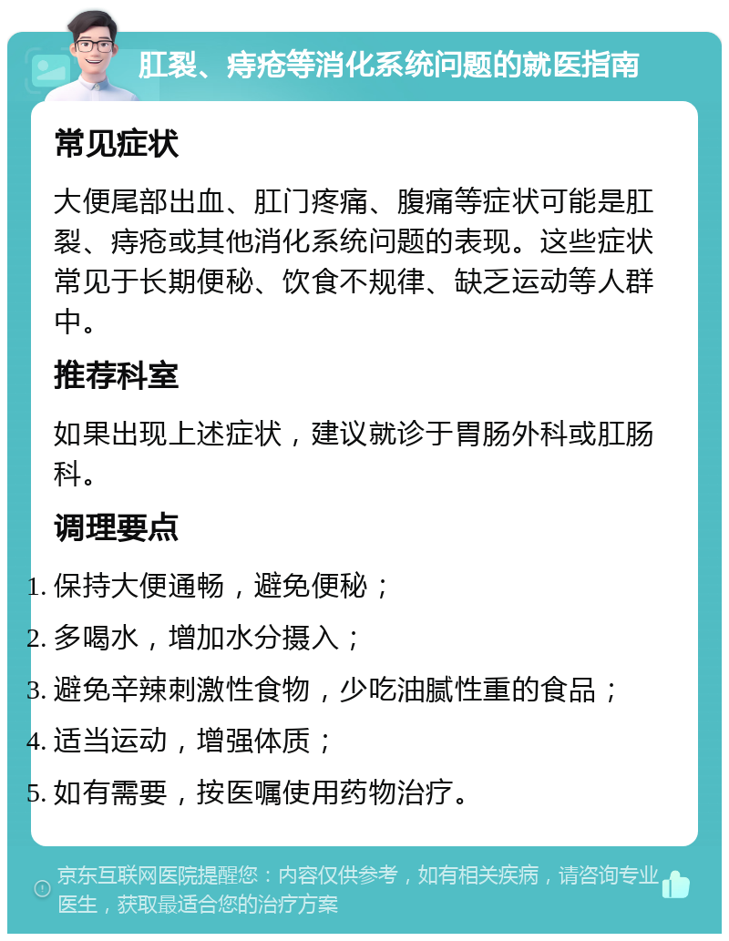 肛裂、痔疮等消化系统问题的就医指南 常见症状 大便尾部出血、肛门疼痛、腹痛等症状可能是肛裂、痔疮或其他消化系统问题的表现。这些症状常见于长期便秘、饮食不规律、缺乏运动等人群中。 推荐科室 如果出现上述症状，建议就诊于胃肠外科或肛肠科。 调理要点 保持大便通畅，避免便秘； 多喝水，增加水分摄入； 避免辛辣刺激性食物，少吃油腻性重的食品； 适当运动，增强体质； 如有需要，按医嘱使用药物治疗。