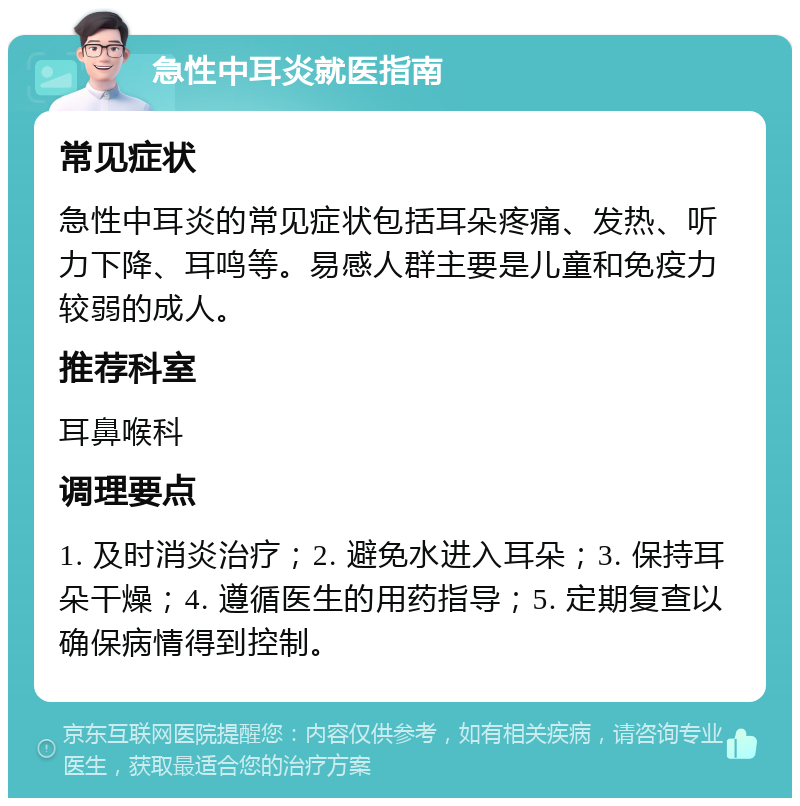 急性中耳炎就医指南 常见症状 急性中耳炎的常见症状包括耳朵疼痛、发热、听力下降、耳鸣等。易感人群主要是儿童和免疫力较弱的成人。 推荐科室 耳鼻喉科 调理要点 1. 及时消炎治疗；2. 避免水进入耳朵；3. 保持耳朵干燥；4. 遵循医生的用药指导；5. 定期复查以确保病情得到控制。