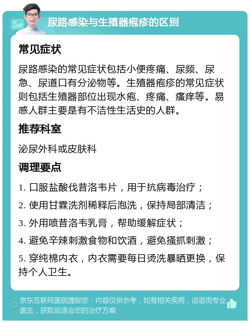 尿路感染与生殖器疱疹的区别 常见症状 尿路感染的常见症状包括小便疼痛、尿频、尿急、尿道口有分泌物等。生殖器疱疹的常见症状则包括生殖器部位出现水疱、疼痛、瘙痒等。易感人群主要是有不洁性生活史的人群。 推荐科室 泌尿外科或皮肤科 调理要点 1. 口服盐酸伐昔洛韦片，用于抗病毒治疗； 2. 使用甘霖洗剂稀释后泡洗，保持局部清洁； 3. 外用喷昔洛韦乳膏，帮助缓解症状； 4. 避免辛辣刺激食物和饮酒，避免搔抓刺激； 5. 穿纯棉内衣，内衣需要每日烫洗暴晒更换，保持个人卫生。