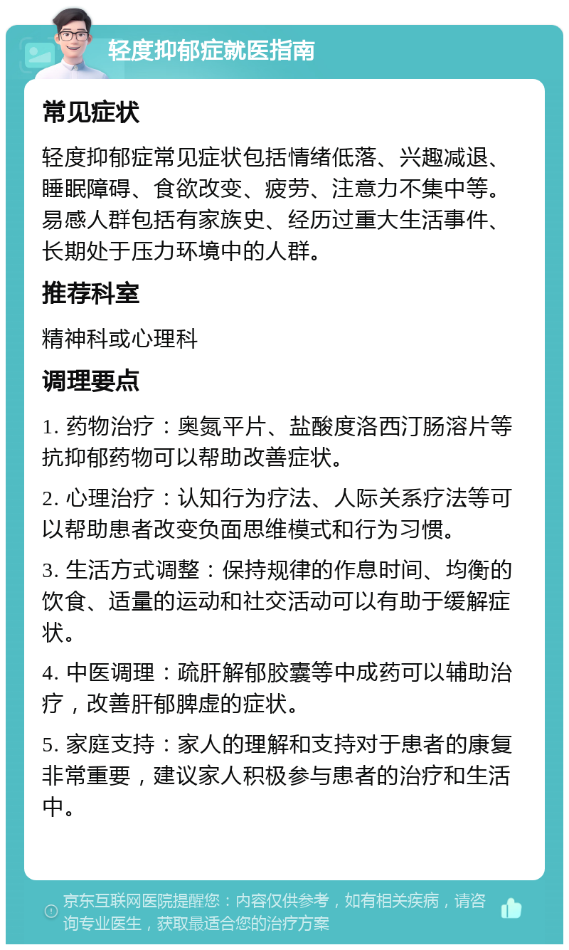 轻度抑郁症就医指南 常见症状 轻度抑郁症常见症状包括情绪低落、兴趣减退、睡眠障碍、食欲改变、疲劳、注意力不集中等。易感人群包括有家族史、经历过重大生活事件、长期处于压力环境中的人群。 推荐科室 精神科或心理科 调理要点 1. 药物治疗：奥氮平片、盐酸度洛西汀肠溶片等抗抑郁药物可以帮助改善症状。 2. 心理治疗：认知行为疗法、人际关系疗法等可以帮助患者改变负面思维模式和行为习惯。 3. 生活方式调整：保持规律的作息时间、均衡的饮食、适量的运动和社交活动可以有助于缓解症状。 4. 中医调理：疏肝解郁胶囊等中成药可以辅助治疗，改善肝郁脾虚的症状。 5. 家庭支持：家人的理解和支持对于患者的康复非常重要，建议家人积极参与患者的治疗和生活中。