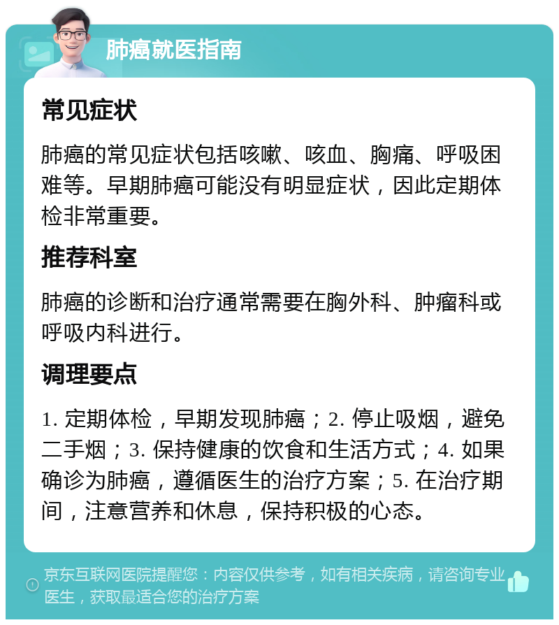 肺癌就医指南 常见症状 肺癌的常见症状包括咳嗽、咳血、胸痛、呼吸困难等。早期肺癌可能没有明显症状，因此定期体检非常重要。 推荐科室 肺癌的诊断和治疗通常需要在胸外科、肿瘤科或呼吸内科进行。 调理要点 1. 定期体检，早期发现肺癌；2. 停止吸烟，避免二手烟；3. 保持健康的饮食和生活方式；4. 如果确诊为肺癌，遵循医生的治疗方案；5. 在治疗期间，注意营养和休息，保持积极的心态。