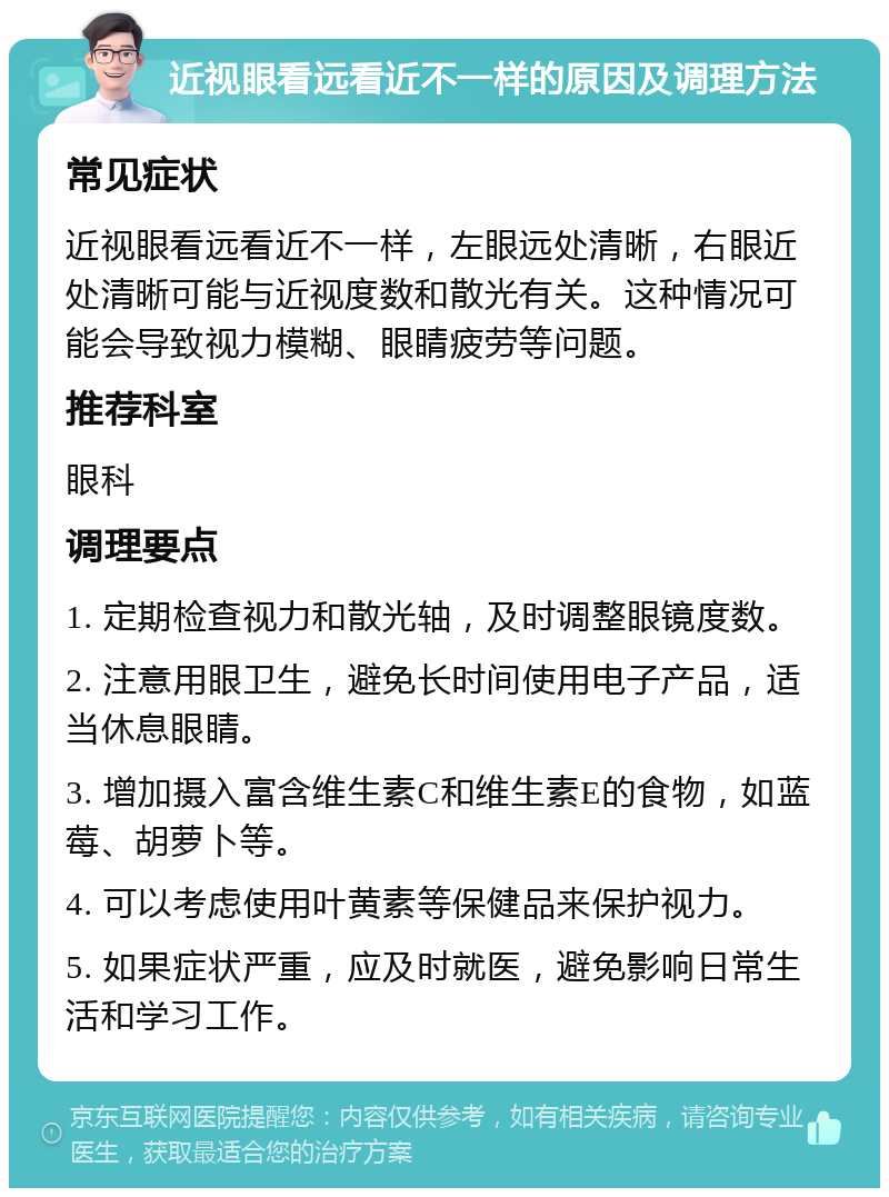 近视眼看远看近不一样的原因及调理方法 常见症状 近视眼看远看近不一样，左眼远处清晰，右眼近处清晰可能与近视度数和散光有关。这种情况可能会导致视力模糊、眼睛疲劳等问题。 推荐科室 眼科 调理要点 1. 定期检查视力和散光轴，及时调整眼镜度数。 2. 注意用眼卫生，避免长时间使用电子产品，适当休息眼睛。 3. 增加摄入富含维生素C和维生素E的食物，如蓝莓、胡萝卜等。 4. 可以考虑使用叶黄素等保健品来保护视力。 5. 如果症状严重，应及时就医，避免影响日常生活和学习工作。