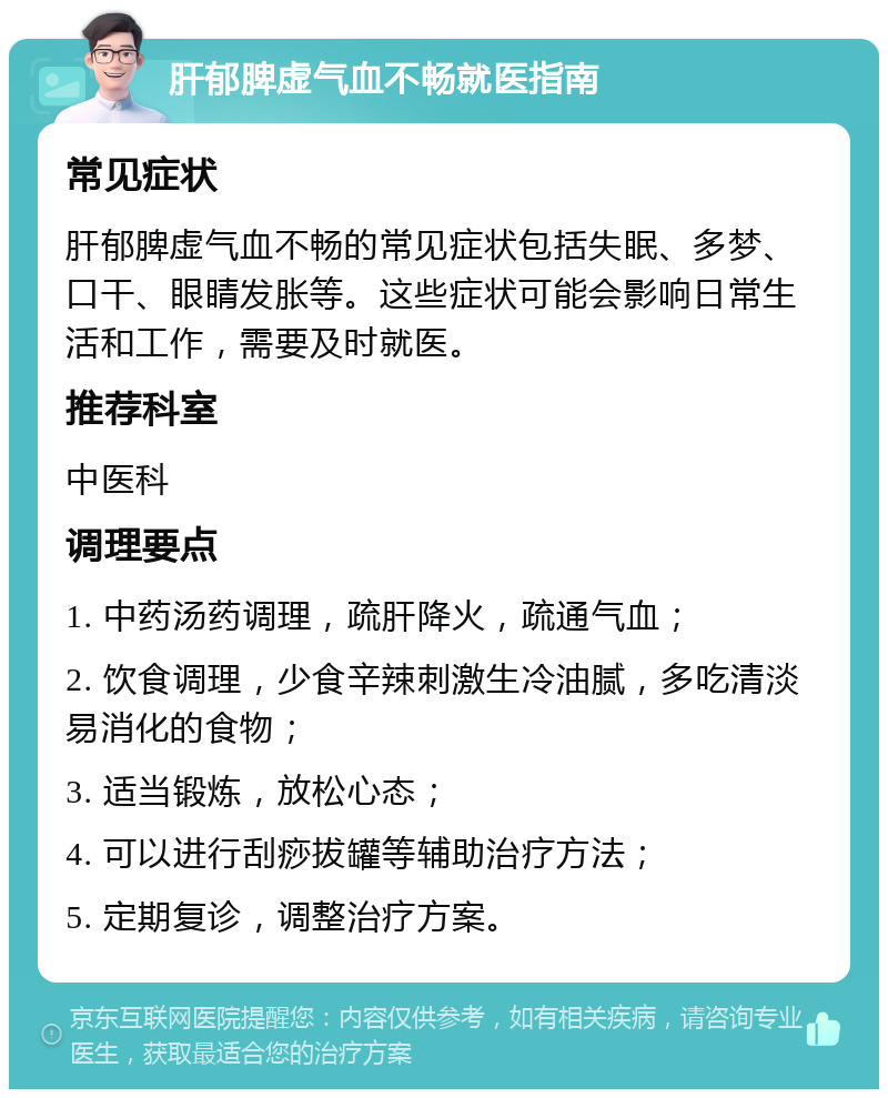 肝郁脾虚气血不畅就医指南 常见症状 肝郁脾虚气血不畅的常见症状包括失眠、多梦、口干、眼睛发胀等。这些症状可能会影响日常生活和工作，需要及时就医。 推荐科室 中医科 调理要点 1. 中药汤药调理，疏肝降火，疏通气血； 2. 饮食调理，少食辛辣刺激生冷油腻，多吃清淡易消化的食物； 3. 适当锻炼，放松心态； 4. 可以进行刮痧拔罐等辅助治疗方法； 5. 定期复诊，调整治疗方案。