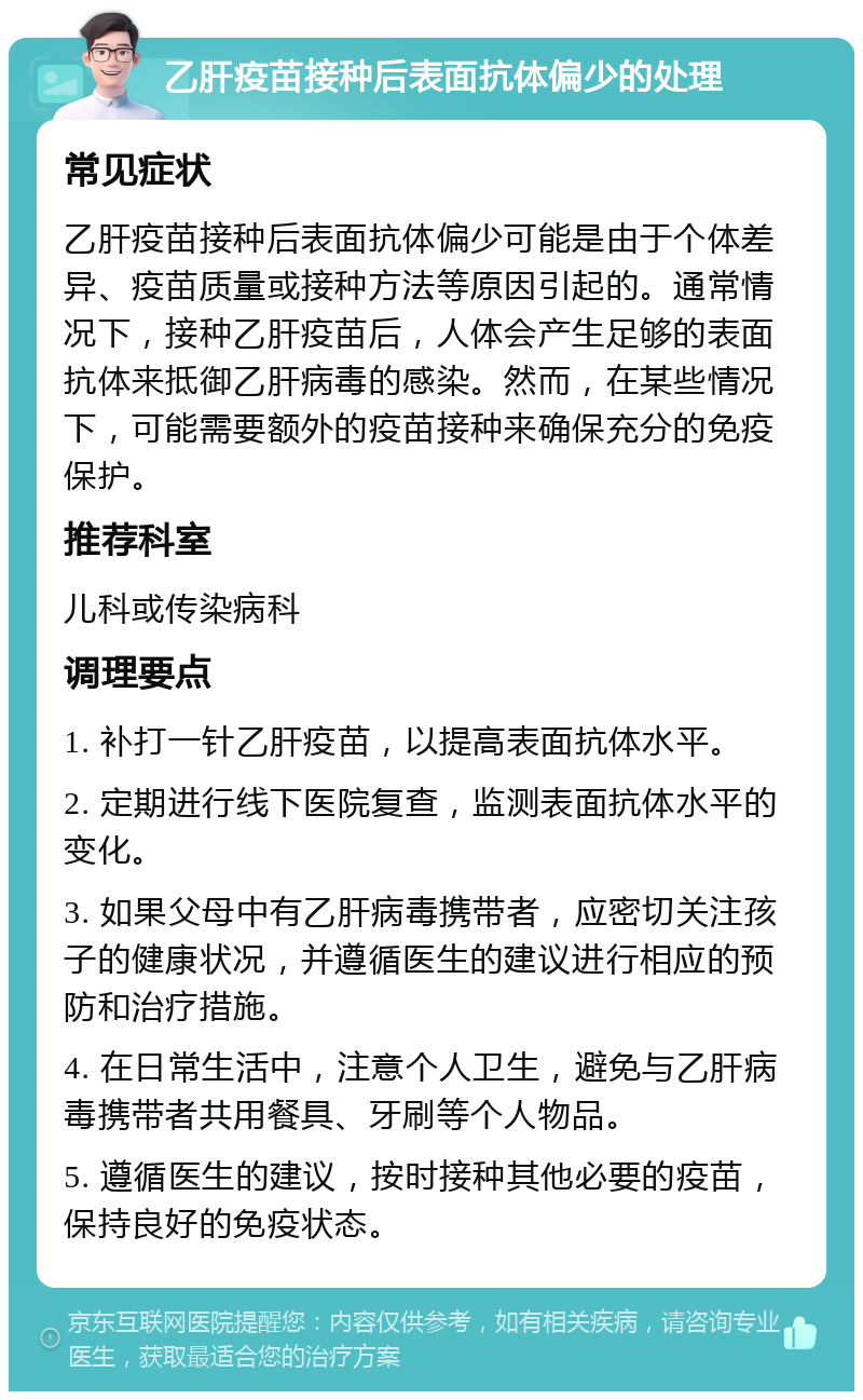 乙肝疫苗接种后表面抗体偏少的处理 常见症状 乙肝疫苗接种后表面抗体偏少可能是由于个体差异、疫苗质量或接种方法等原因引起的。通常情况下，接种乙肝疫苗后，人体会产生足够的表面抗体来抵御乙肝病毒的感染。然而，在某些情况下，可能需要额外的疫苗接种来确保充分的免疫保护。 推荐科室 儿科或传染病科 调理要点 1. 补打一针乙肝疫苗，以提高表面抗体水平。 2. 定期进行线下医院复查，监测表面抗体水平的变化。 3. 如果父母中有乙肝病毒携带者，应密切关注孩子的健康状况，并遵循医生的建议进行相应的预防和治疗措施。 4. 在日常生活中，注意个人卫生，避免与乙肝病毒携带者共用餐具、牙刷等个人物品。 5. 遵循医生的建议，按时接种其他必要的疫苗，保持良好的免疫状态。