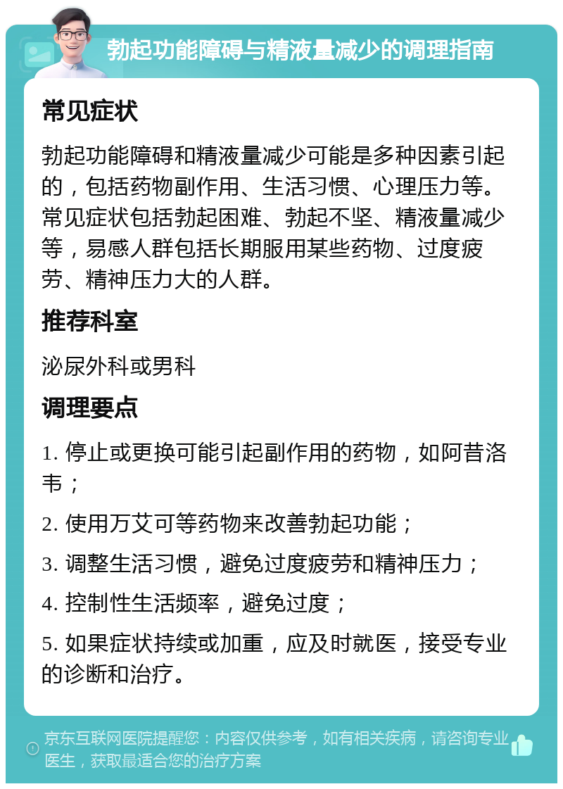 勃起功能障碍与精液量减少的调理指南 常见症状 勃起功能障碍和精液量减少可能是多种因素引起的，包括药物副作用、生活习惯、心理压力等。常见症状包括勃起困难、勃起不坚、精液量减少等，易感人群包括长期服用某些药物、过度疲劳、精神压力大的人群。 推荐科室 泌尿外科或男科 调理要点 1. 停止或更换可能引起副作用的药物，如阿昔洛韦； 2. 使用万艾可等药物来改善勃起功能； 3. 调整生活习惯，避免过度疲劳和精神压力； 4. 控制性生活频率，避免过度； 5. 如果症状持续或加重，应及时就医，接受专业的诊断和治疗。