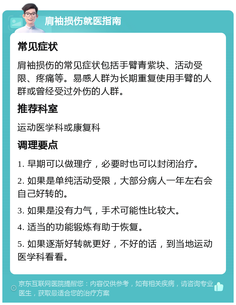 肩袖损伤就医指南 常见症状 肩袖损伤的常见症状包括手臂青紫块、活动受限、疼痛等。易感人群为长期重复使用手臂的人群或曾经受过外伤的人群。 推荐科室 运动医学科或康复科 调理要点 1. 早期可以做理疗，必要时也可以封闭治疗。 2. 如果是单纯活动受限，大部分病人一年左右会自己好转的。 3. 如果是没有力气，手术可能性比较大。 4. 适当的功能锻炼有助于恢复。 5. 如果逐渐好转就更好，不好的话，到当地运动医学科看看。