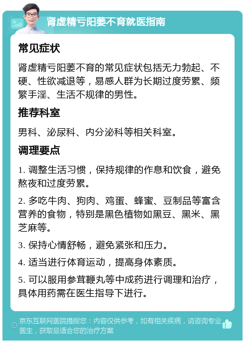 肾虚精亏阳萎不育就医指南 常见症状 肾虚精亏阳萎不育的常见症状包括无力勃起、不硬、性欲减退等，易感人群为长期过度劳累、频繁手淫、生活不规律的男性。 推荐科室 男科、泌尿科、内分泌科等相关科室。 调理要点 1. 调整生活习惯，保持规律的作息和饮食，避免熬夜和过度劳累。 2. 多吃牛肉、狗肉、鸡蛋、蜂蜜、豆制品等富含营养的食物，特别是黑色植物如黑豆、黑米、黑芝麻等。 3. 保持心情舒畅，避免紧张和压力。 4. 适当进行体育运动，提高身体素质。 5. 可以服用参茸鞭丸等中成药进行调理和治疗，具体用药需在医生指导下进行。