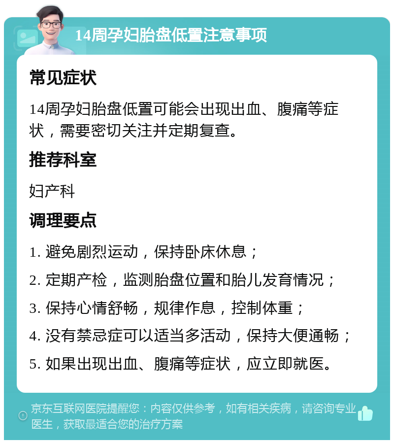 14周孕妇胎盘低置注意事项 常见症状 14周孕妇胎盘低置可能会出现出血、腹痛等症状，需要密切关注并定期复查。 推荐科室 妇产科 调理要点 1. 避免剧烈运动，保持卧床休息； 2. 定期产检，监测胎盘位置和胎儿发育情况； 3. 保持心情舒畅，规律作息，控制体重； 4. 没有禁忌症可以适当多活动，保持大便通畅； 5. 如果出现出血、腹痛等症状，应立即就医。