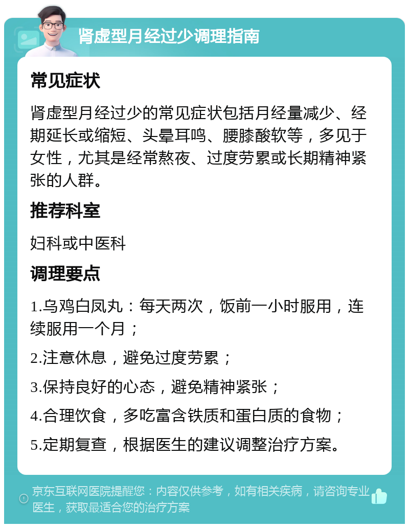 肾虚型月经过少调理指南 常见症状 肾虚型月经过少的常见症状包括月经量减少、经期延长或缩短、头晕耳鸣、腰膝酸软等，多见于女性，尤其是经常熬夜、过度劳累或长期精神紧张的人群。 推荐科室 妇科或中医科 调理要点 1.乌鸡白凤丸：每天两次，饭前一小时服用，连续服用一个月； 2.注意休息，避免过度劳累； 3.保持良好的心态，避免精神紧张； 4.合理饮食，多吃富含铁质和蛋白质的食物； 5.定期复查，根据医生的建议调整治疗方案。