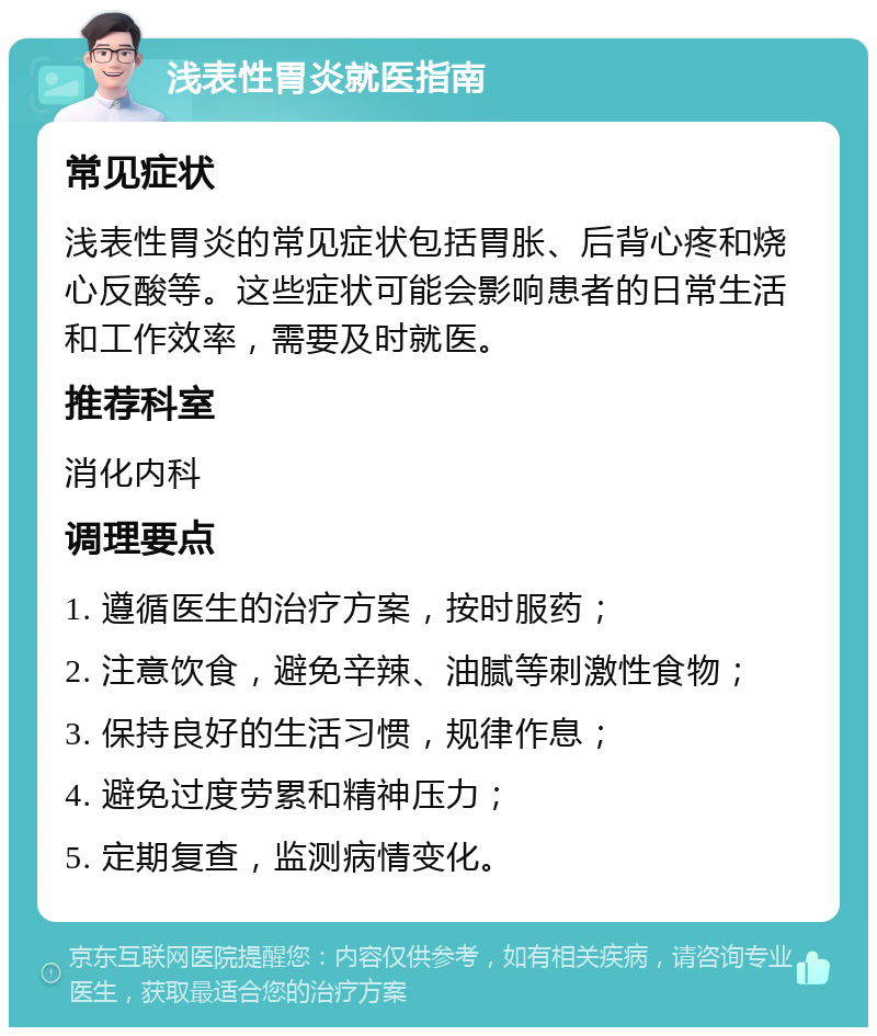 浅表性胃炎就医指南 常见症状 浅表性胃炎的常见症状包括胃胀、后背心疼和烧心反酸等。这些症状可能会影响患者的日常生活和工作效率，需要及时就医。 推荐科室 消化内科 调理要点 1. 遵循医生的治疗方案，按时服药； 2. 注意饮食，避免辛辣、油腻等刺激性食物； 3. 保持良好的生活习惯，规律作息； 4. 避免过度劳累和精神压力； 5. 定期复查，监测病情变化。