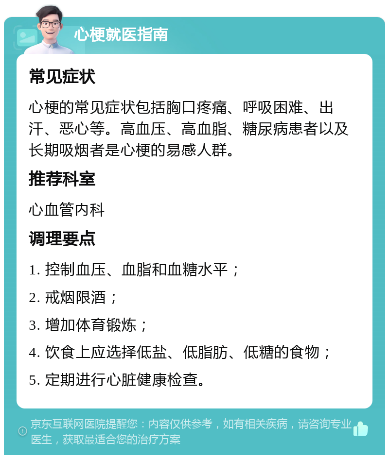 心梗就医指南 常见症状 心梗的常见症状包括胸口疼痛、呼吸困难、出汗、恶心等。高血压、高血脂、糖尿病患者以及长期吸烟者是心梗的易感人群。 推荐科室 心血管内科 调理要点 1. 控制血压、血脂和血糖水平； 2. 戒烟限酒； 3. 增加体育锻炼； 4. 饮食上应选择低盐、低脂肪、低糖的食物； 5. 定期进行心脏健康检查。