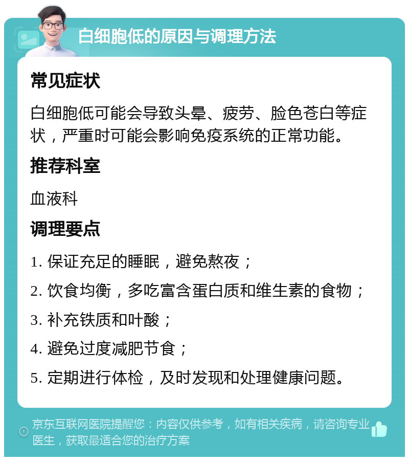 白细胞低的原因与调理方法 常见症状 白细胞低可能会导致头晕、疲劳、脸色苍白等症状，严重时可能会影响免疫系统的正常功能。 推荐科室 血液科 调理要点 1. 保证充足的睡眠，避免熬夜； 2. 饮食均衡，多吃富含蛋白质和维生素的食物； 3. 补充铁质和叶酸； 4. 避免过度减肥节食； 5. 定期进行体检，及时发现和处理健康问题。