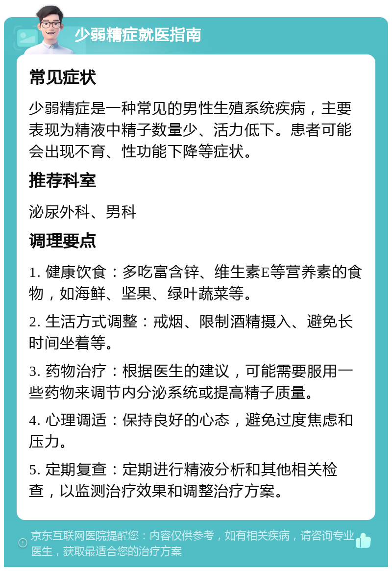 少弱精症就医指南 常见症状 少弱精症是一种常见的男性生殖系统疾病，主要表现为精液中精子数量少、活力低下。患者可能会出现不育、性功能下降等症状。 推荐科室 泌尿外科、男科 调理要点 1. 健康饮食：多吃富含锌、维生素E等营养素的食物，如海鲜、坚果、绿叶蔬菜等。 2. 生活方式调整：戒烟、限制酒精摄入、避免长时间坐着等。 3. 药物治疗：根据医生的建议，可能需要服用一些药物来调节内分泌系统或提高精子质量。 4. 心理调适：保持良好的心态，避免过度焦虑和压力。 5. 定期复查：定期进行精液分析和其他相关检查，以监测治疗效果和调整治疗方案。