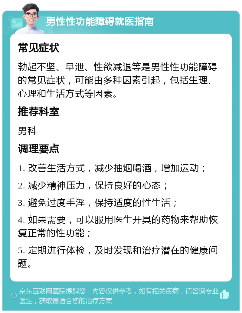 男性性功能障碍就医指南 常见症状 勃起不坚、早泄、性欲减退等是男性性功能障碍的常见症状，可能由多种因素引起，包括生理、心理和生活方式等因素。 推荐科室 男科 调理要点 1. 改善生活方式，减少抽烟喝酒，增加运动； 2. 减少精神压力，保持良好的心态； 3. 避免过度手淫，保持适度的性生活； 4. 如果需要，可以服用医生开具的药物来帮助恢复正常的性功能； 5. 定期进行体检，及时发现和治疗潜在的健康问题。