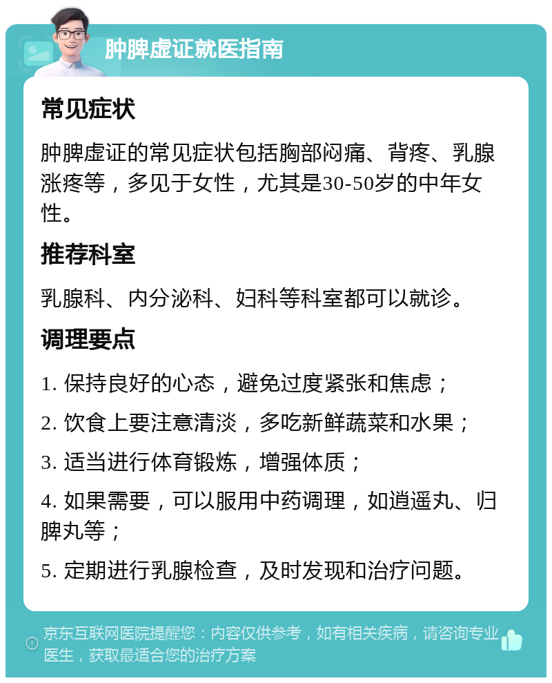 肿脾虚证就医指南 常见症状 肿脾虚证的常见症状包括胸部闷痛、背疼、乳腺涨疼等，多见于女性，尤其是30-50岁的中年女性。 推荐科室 乳腺科、内分泌科、妇科等科室都可以就诊。 调理要点 1. 保持良好的心态，避免过度紧张和焦虑； 2. 饮食上要注意清淡，多吃新鲜蔬菜和水果； 3. 适当进行体育锻炼，增强体质； 4. 如果需要，可以服用中药调理，如逍遥丸、归脾丸等； 5. 定期进行乳腺检查，及时发现和治疗问题。