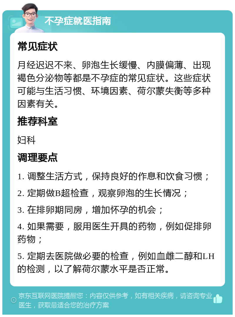 不孕症就医指南 常见症状 月经迟迟不来、卵泡生长缓慢、内膜偏薄、出现褐色分泌物等都是不孕症的常见症状。这些症状可能与生活习惯、环境因素、荷尔蒙失衡等多种因素有关。 推荐科室 妇科 调理要点 1. 调整生活方式，保持良好的作息和饮食习惯； 2. 定期做B超检查，观察卵泡的生长情况； 3. 在排卵期同房，增加怀孕的机会； 4. 如果需要，服用医生开具的药物，例如促排卵药物； 5. 定期去医院做必要的检查，例如血雌二醇和LH的检测，以了解荷尔蒙水平是否正常。