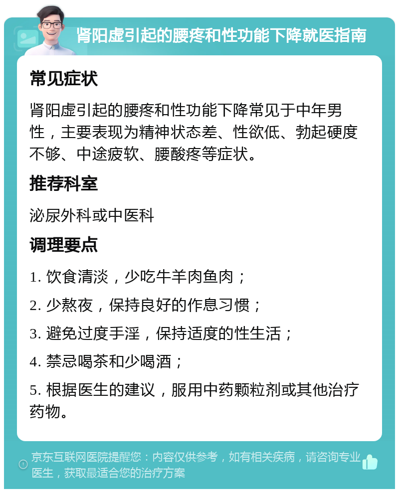 肾阳虚引起的腰疼和性功能下降就医指南 常见症状 肾阳虚引起的腰疼和性功能下降常见于中年男性，主要表现为精神状态差、性欲低、勃起硬度不够、中途疲软、腰酸疼等症状。 推荐科室 泌尿外科或中医科 调理要点 1. 饮食清淡，少吃牛羊肉鱼肉； 2. 少熬夜，保持良好的作息习惯； 3. 避免过度手淫，保持适度的性生活； 4. 禁忌喝茶和少喝酒； 5. 根据医生的建议，服用中药颗粒剂或其他治疗药物。