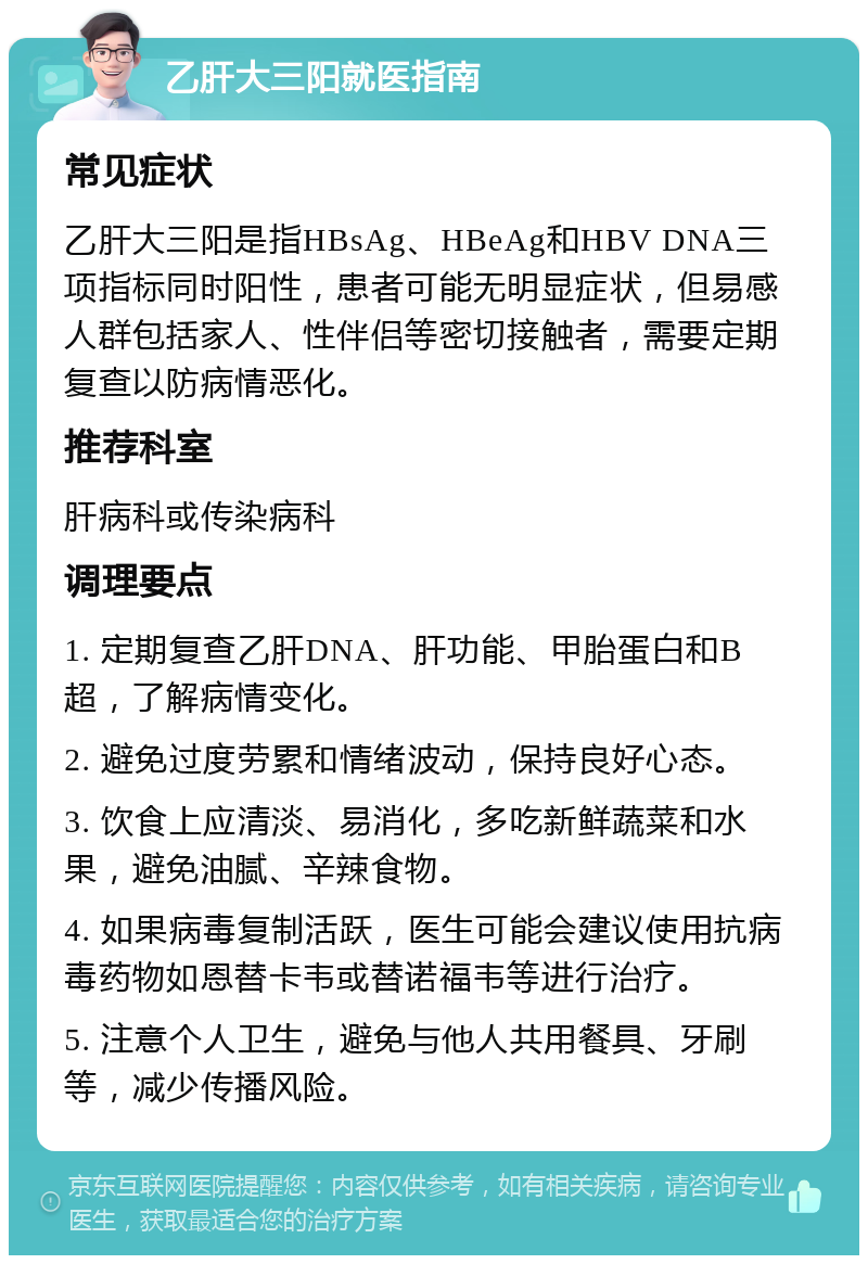 乙肝大三阳就医指南 常见症状 乙肝大三阳是指HBsAg、HBeAg和HBV DNA三项指标同时阳性，患者可能无明显症状，但易感人群包括家人、性伴侣等密切接触者，需要定期复查以防病情恶化。 推荐科室 肝病科或传染病科 调理要点 1. 定期复查乙肝DNA、肝功能、甲胎蛋白和B超，了解病情变化。 2. 避免过度劳累和情绪波动，保持良好心态。 3. 饮食上应清淡、易消化，多吃新鲜蔬菜和水果，避免油腻、辛辣食物。 4. 如果病毒复制活跃，医生可能会建议使用抗病毒药物如恩替卡韦或替诺福韦等进行治疗。 5. 注意个人卫生，避免与他人共用餐具、牙刷等，减少传播风险。