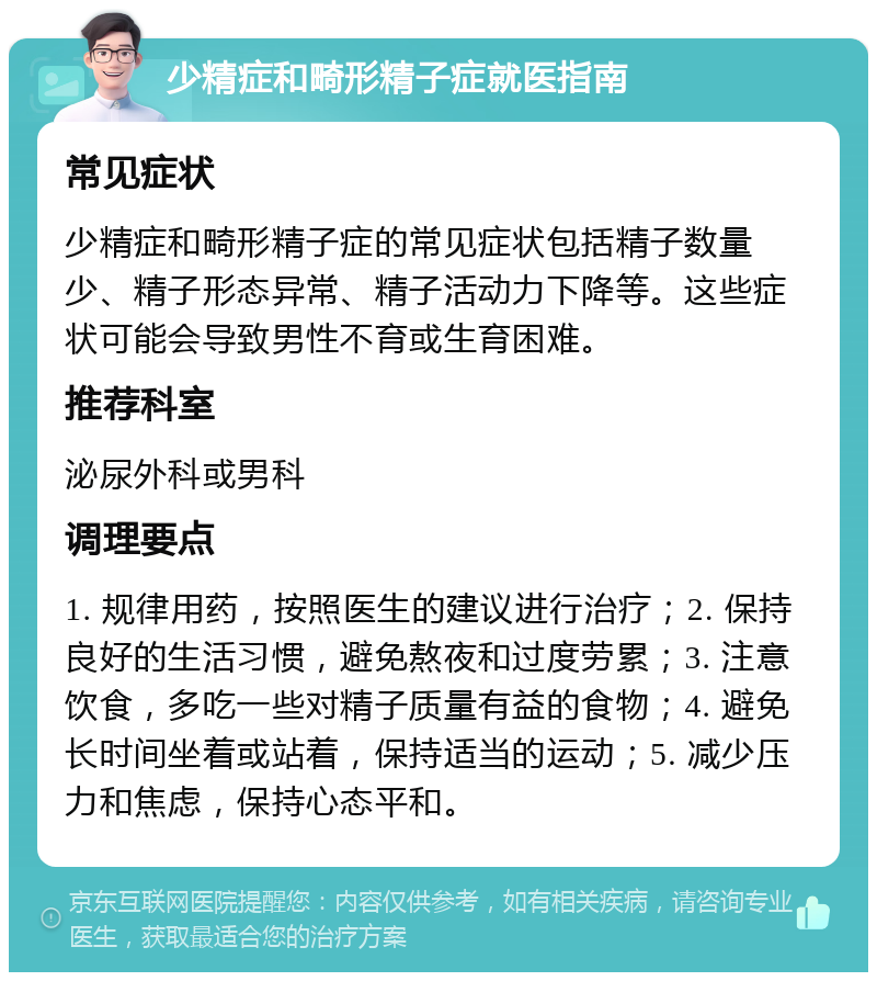 少精症和畸形精子症就医指南 常见症状 少精症和畸形精子症的常见症状包括精子数量少、精子形态异常、精子活动力下降等。这些症状可能会导致男性不育或生育困难。 推荐科室 泌尿外科或男科 调理要点 1. 规律用药，按照医生的建议进行治疗；2. 保持良好的生活习惯，避免熬夜和过度劳累；3. 注意饮食，多吃一些对精子质量有益的食物；4. 避免长时间坐着或站着，保持适当的运动；5. 减少压力和焦虑，保持心态平和。