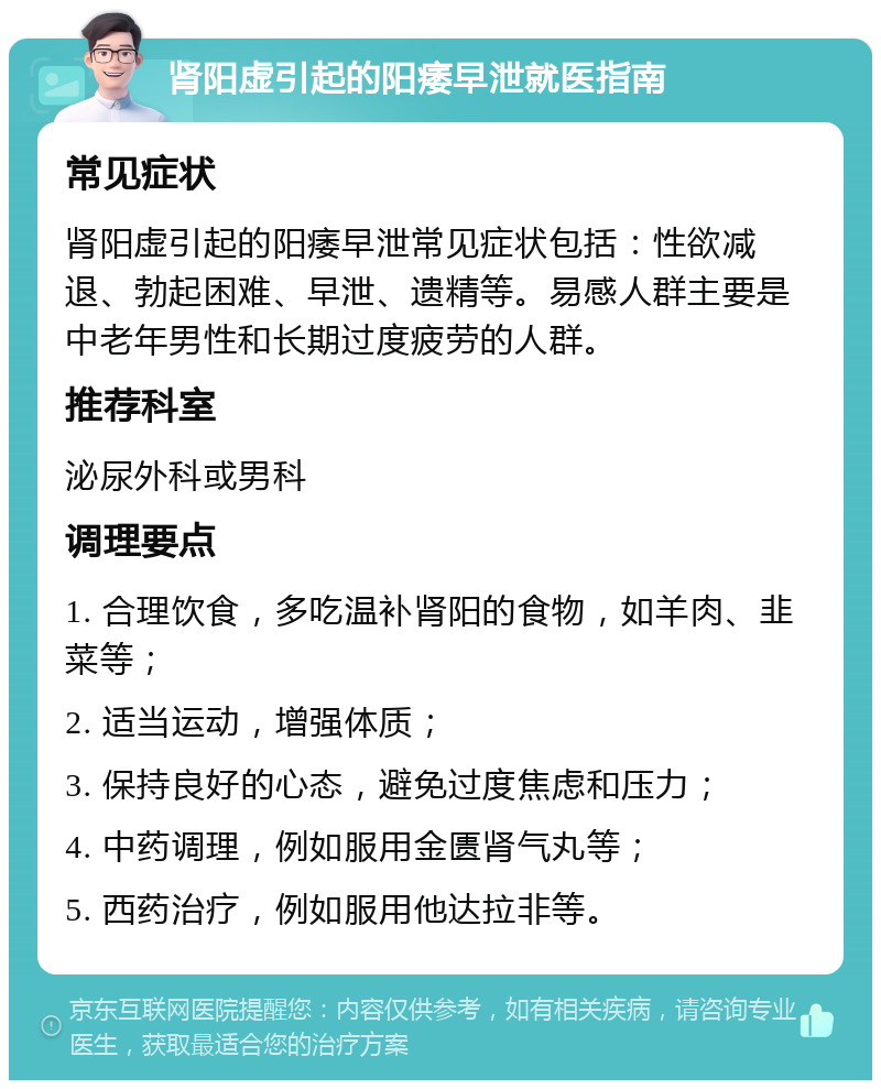 肾阳虚引起的阳痿早泄就医指南 常见症状 肾阳虚引起的阳痿早泄常见症状包括：性欲减退、勃起困难、早泄、遗精等。易感人群主要是中老年男性和长期过度疲劳的人群。 推荐科室 泌尿外科或男科 调理要点 1. 合理饮食，多吃温补肾阳的食物，如羊肉、韭菜等； 2. 适当运动，增强体质； 3. 保持良好的心态，避免过度焦虑和压力； 4. 中药调理，例如服用金匮肾气丸等； 5. 西药治疗，例如服用他达拉非等。