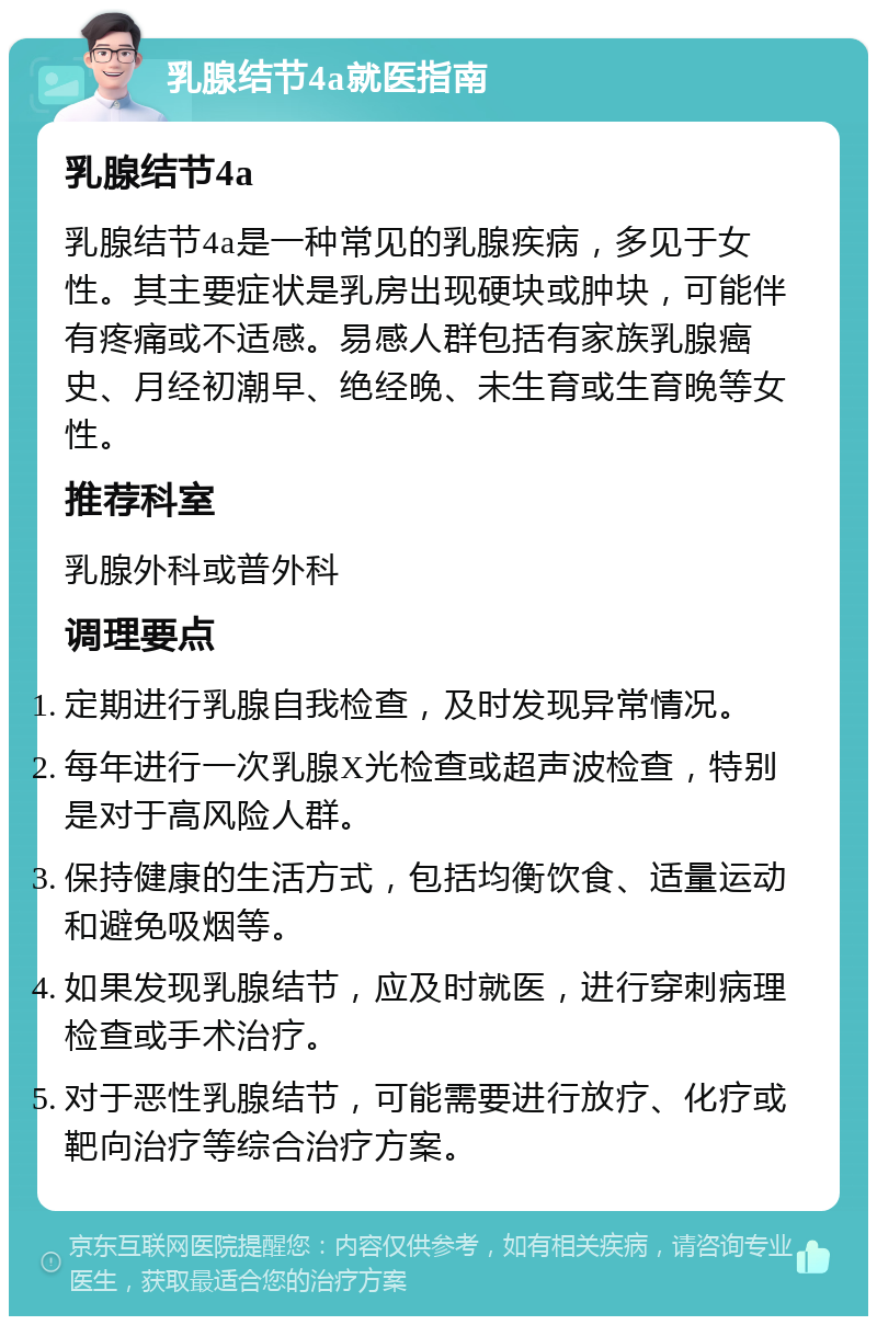 乳腺结节4a就医指南 乳腺结节4a 乳腺结节4a是一种常见的乳腺疾病，多见于女性。其主要症状是乳房出现硬块或肿块，可能伴有疼痛或不适感。易感人群包括有家族乳腺癌史、月经初潮早、绝经晚、未生育或生育晚等女性。 推荐科室 乳腺外科或普外科 调理要点 定期进行乳腺自我检查，及时发现异常情况。 每年进行一次乳腺X光检查或超声波检查，特别是对于高风险人群。 保持健康的生活方式，包括均衡饮食、适量运动和避免吸烟等。 如果发现乳腺结节，应及时就医，进行穿刺病理检查或手术治疗。 对于恶性乳腺结节，可能需要进行放疗、化疗或靶向治疗等综合治疗方案。